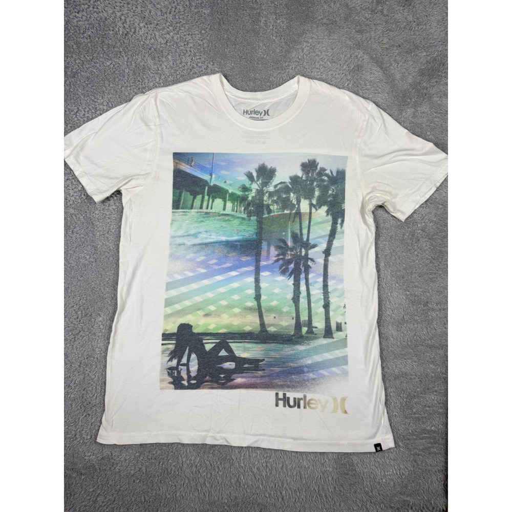 Hurley Graphic T-Shirt Mens Large White Good Palm Tree Beach Surf Premium Fit